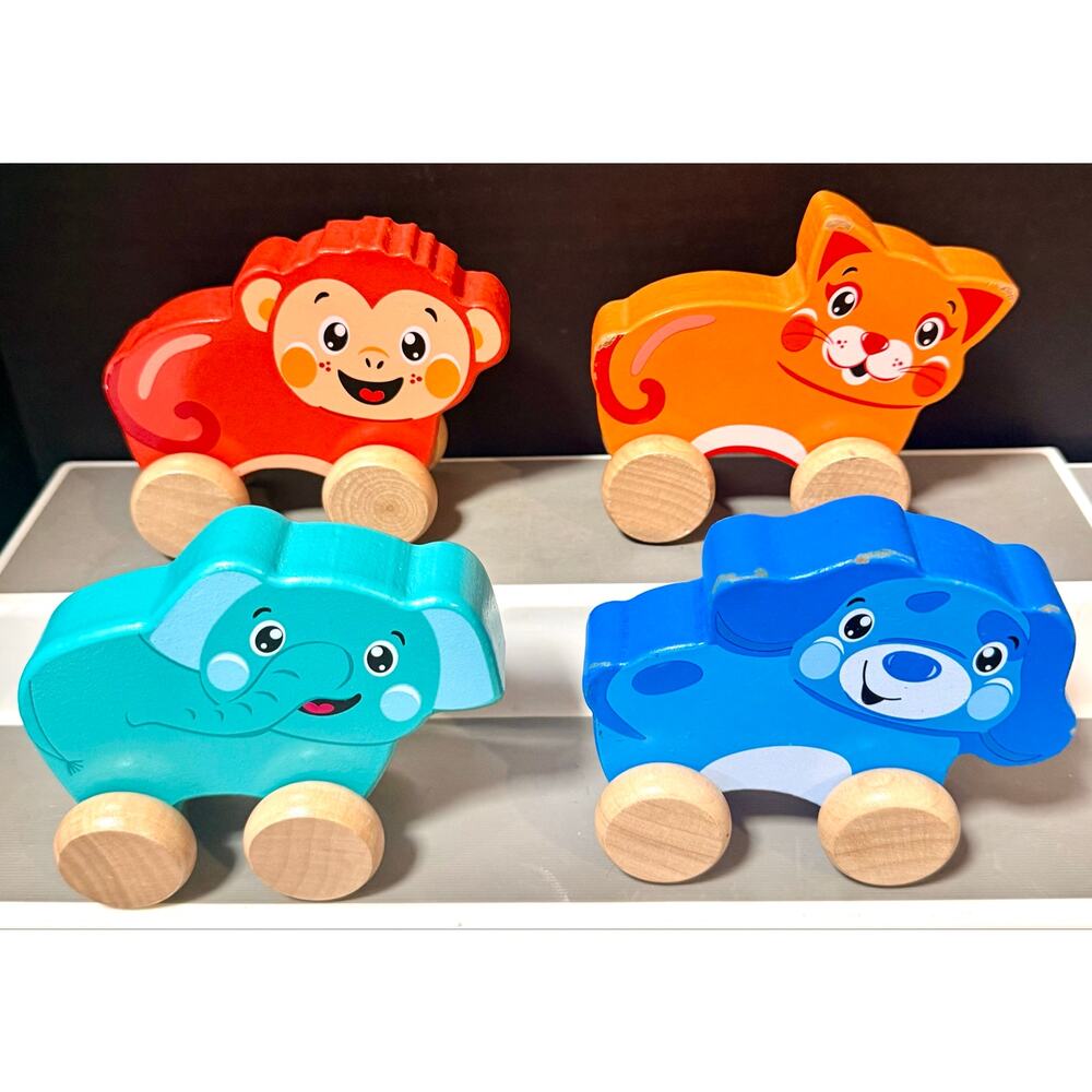 Spark Create Imagine 4 easy-grip wooden animal cars monkey cat dog elephant